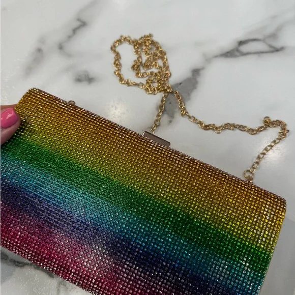 Multicolor Rhinestone 🌈 Clutch with Gold Chain - Picture 1 of 3